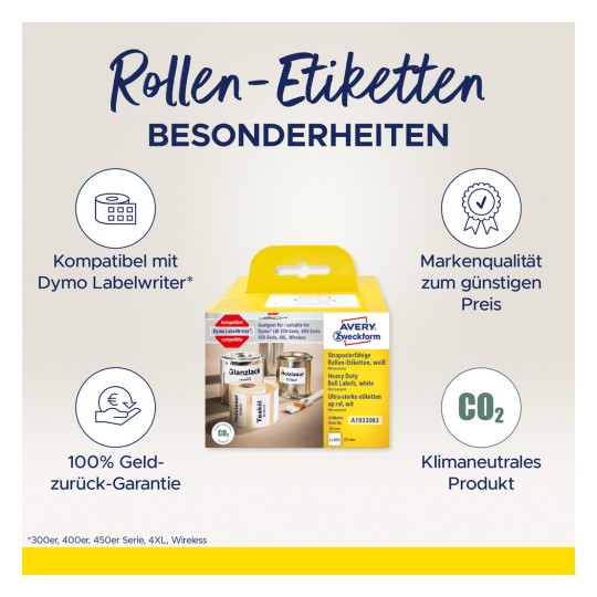 Bilden visar en förpackning för Avery Zweckform rulletiketter. Den framhäver kompatibilitet med Dymo Labelwriters, erbjuder hög kvalitet till ett lågt pris, 100 % pengarna-tillbaka-garanti och betonar sina klimatneutrala produktegenskaper.