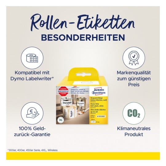 Bilden visar en produktförpackning för Avery Zweckform-rulletiketter avsedda för användning med Dymo Labelwriters. Den lyfter fram kompatibilitet, kvalitet till ett konkurrenskraftigt pris, pengarna-tillbaka-garanti och miljöhänsyn.