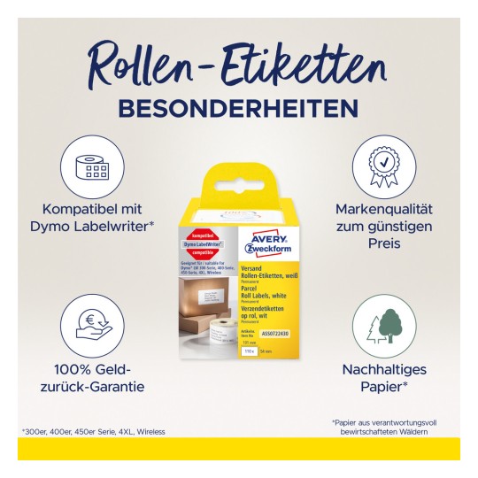 Bilden visar en produktförpackning för Avery Zweckform rulleetiketter, som lyfter fram funktioner som kompatibilitet med Dymo Labelwriter, pengarna-tillbaka-garanti, märkesvarukvalitet till överkomliga priser och hållbart papper.