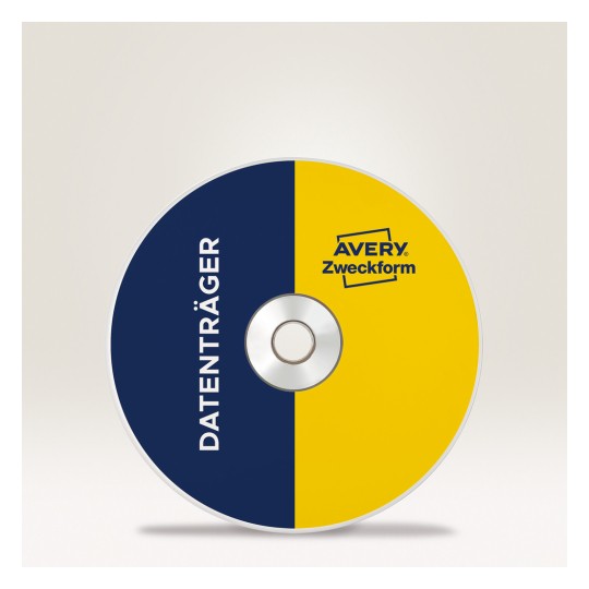 En bild av en CD med en delad design, ena sidan mörkblå och den andra sidan gul. Ordet 'DATENTRÄGER' är skrivet i vitt på den blå sidan, och 'AVERY Zweckform'-logotypen visas på den gula sidan.