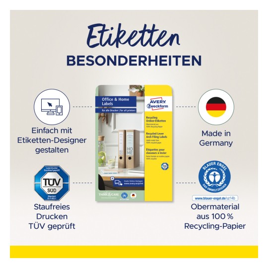 Bilden visar etiketter från Avery Zweckform som presenterar deras Office & Home Labels tillverkade av 100 % återvunnet papper. Den innehåller information om deras designprocess, TÜV-certifiering och tysk tillverkning.