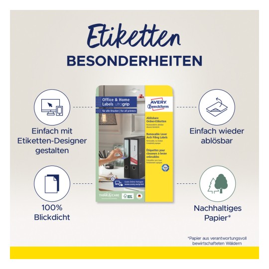 Bilden visar etiketter för kontors- och hemanvändning från Avery, som presenterar avtagbara etiketter för bågfiler. Den framhäver enkel design med en etikett-designer, återanvändbart klister och hållbart papper.