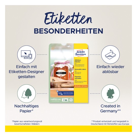 Bilden visar en produktförpackning för avtagbara etiketter från Avery Zweckform, med egenskaper som enkel design, återanvändbarhet, hållbart material och att den är tillverkad i Tyskland.