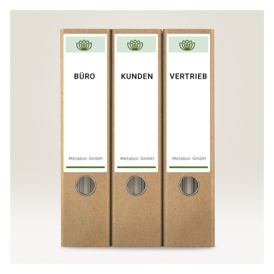 Bilden visar tre mappfiler märkta 'BÜRO', 'KUNDEN' och 'VERTRIEB'. Varje mapp är gjord av brunt kartongmaterial och har en företagslogotyp, med etiketten 'Metabor GmbH' under varje titel.