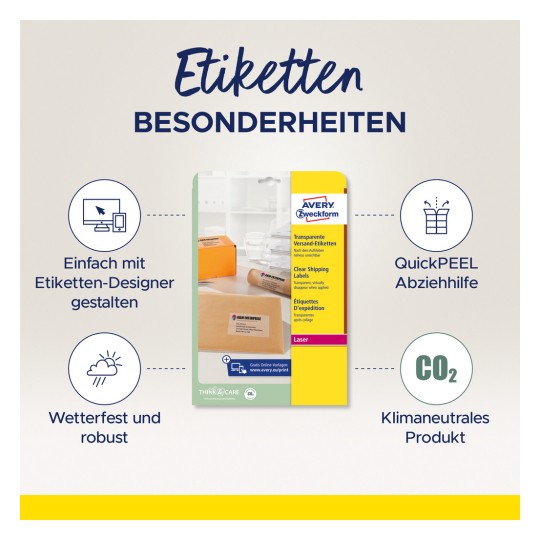 Bilden visar ett produktpaket för transparenta fraktetiketter från Avery, där funktioner som designhjälp, väderbeständighet, lätt avdragning och miljövänlighet lyfts fram.