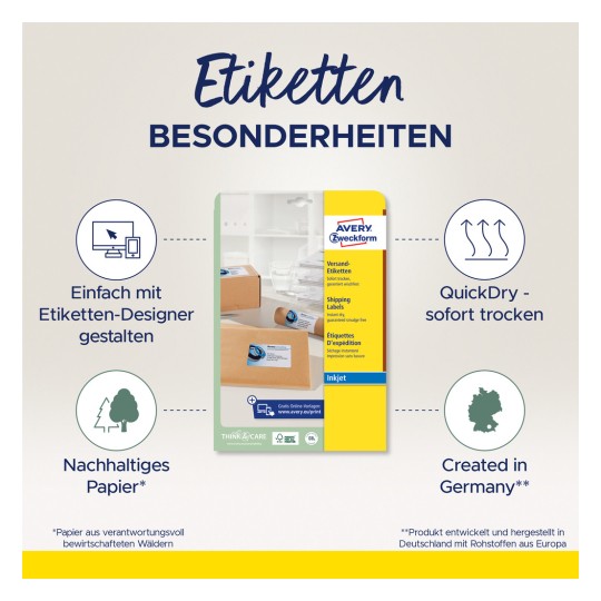 Bilden visar förpackning för Avery fraktetiketter, som framhäver funktioner som QuickDry-teknik, hållbart papper och enkel design med ett onlineredskap. Det anges att produkten är tillverkad i Tyskland.