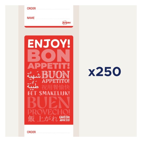 Bilden visar en färgglad etikett eller lapp med texten 'ENJOY! BON APPETIT!' och översättningar på olika språk, designad för matrelaterade sammanhang.