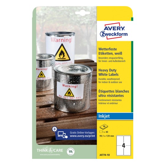 Förpackningsbild: Avery Zweckform Väderbeständiga folieetiketter för bläckstråleskrivare, Artikel: J4774-10, Format: 99,1 x 139 mm, Kompatibilitet: Bläckstråleskrivare, Innehåll: 40 etiketter / 10 ark, 4 etiketter/ark.