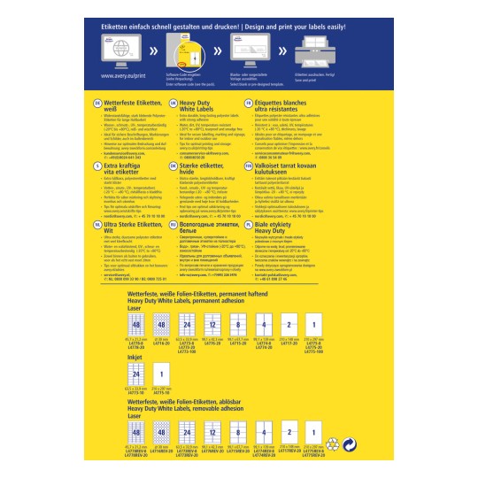 Bilden visar en guide för att designa och skriva ut etiketter, med detaljerade sektioner om olika typer av Avery-etiketter, deras specifikationer och instruktioner på flera språk. Den visar produktfunktioner som hållbarhet, vidhäftning och temperaturmotstånd, tillsammans med kontaktinformation och mallar för användning.