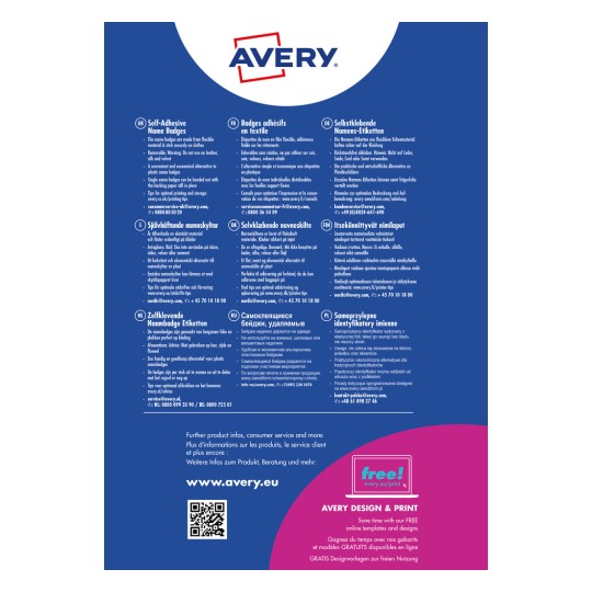 Bilden innehåller information om Avery självhäftande namnskyltar på flera språk, där deras egenskaper, användningstips och kundtjänstkontakter beskrivas.