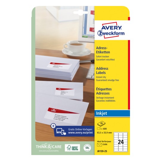 Förpackningsbild: Avery Zweckform Vita Post-Etiketter, för bläckstråleskrivare, Artikel: J8159-25, Format: 63,5 x 33,9 mm, Tryckbarhet: Bläckstråle, Innehåll: 600 etiketter / 25 ark, 24 etiketter/ark.