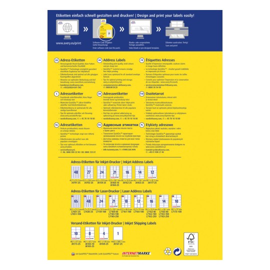 Bilden är en informationsgrafik om att designa och skriva ut etiketter, inklusive adressetiketter och fraktetiketter. Den innehåller olika språk och ger tips, programvaruinformation och etikettdimensioner för bläckstråle- och lasermaskiner.