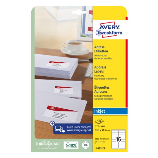 Förpackningsbild: Avery Zweckform Vita fraktetiketter, för bläckstråleskrivare, artikel: J8162-25, format: 99,1 x 33,9 mm, utskriftslämplighet: bläckstråle, innehåll: 400 etiketter / 25 ark, 16 etiketter/ark.