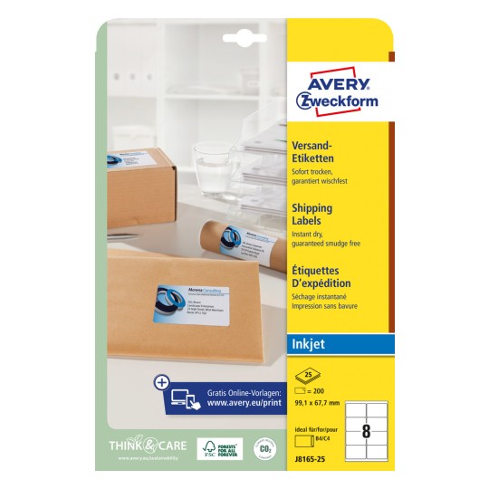 Förpackningsbild: Avery Zweckform Vita fraktetiketter, för bläckstråleskrivare, Artikel: J8165-25, Storlek: 99,1 x 67,7 mm, Skrivarkompatibilitet: Bläckstråle, Innehåll: 200 etiketter / 25 ark, 8 etiketter/ark.