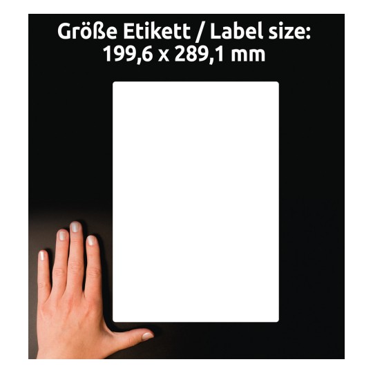 Storleksjämförelse med hand, artikel: J8167-25, ett ark fraktetiketter, format: 199,6 x 289,1 mm, färg: vit?