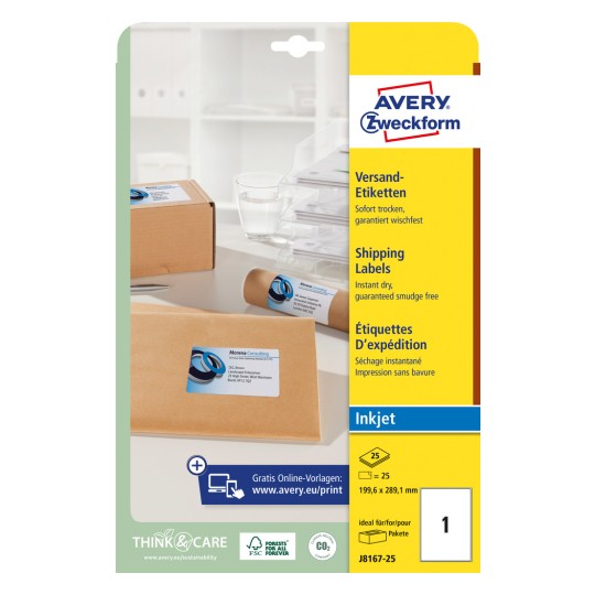 Förpackningsbild: Avery Zweckform Vita fraktetiketter, för bläckstråleskrivare, Artikel: J8167-25, Format: 199,6 x 289,1 mm, Skrivaranpassning: Bläckstråle, Innehåll: 25 etiketter / 25 ark, 1 etikett/ark.