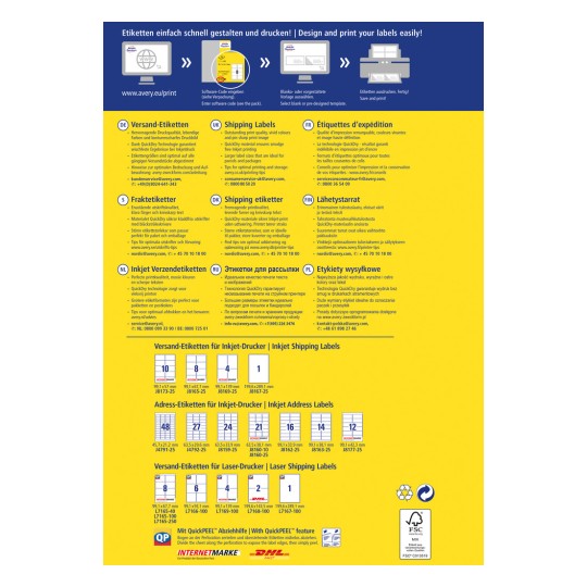 Ett färgschema som beskriver olika alternativ för etikettsutskrift, inklusive storlekar och rekommendationer för både bläckstråle- och laserskrivare. Det innehåller instruktioner på flera språk.