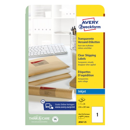 Förpackningsbild: Avery Zweckform Transparenta fraktetiketter, för bläckstråleskrivare, Artikel: J8567-25, Format: 210 x 297 mm, Skrivarprestanda: Bläckstråle, Innehåll: 25 etiketter / 25 ark, 1 etikett/ark