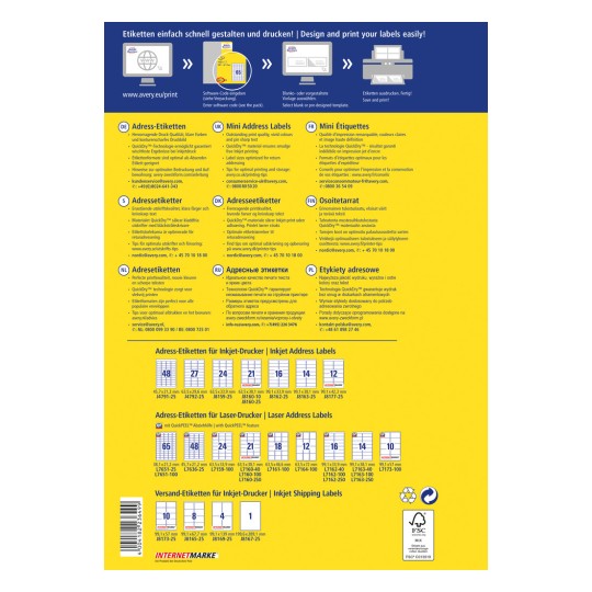 Bilden visar en guide för att designa och skriva ut etiketter med Averys produkter, inklusive instruktioner, tips och specifikationer för olika etiketttyper på flera språk.