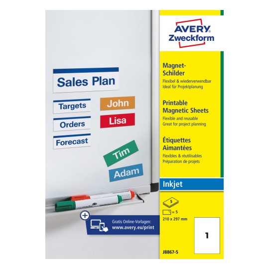 Förpackningsbild: Avery Zweckform magnetskyltar, Artikel: J8867-5, Format: 210 x 297 mm, Trykkanpassning: Bläckstråle, Innehåll: 5 etiketter / 5 ark, 1 etikett/ark.