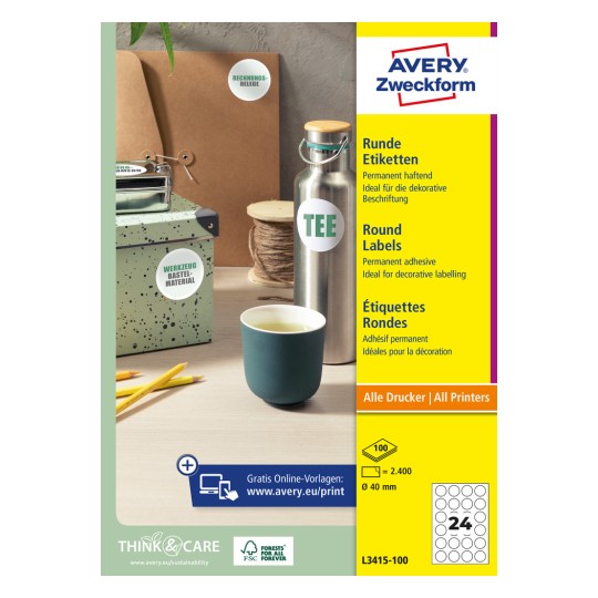 Förpackningsbild: Avery Zweckform Runda Etiketter, Artikel: L3415-100, Format: ⌀ 40 mm, Skrivaraspekter: Bläckstråle, Laser svartvit, Färglaser, Innehåll: 2 400 etiketter / 100 ark, 24 etiketter/ark.