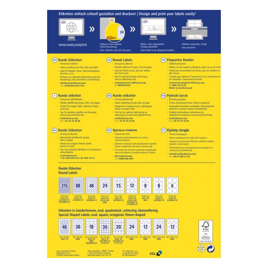 Bilden är en guide för att designa och skriva ut etiketter, med runda etiketter i olika storlekar och beskrivningar på flera språk. Den innehåller tips, en QR-kod för programvaruåtkomst och kontaktinformation för support.