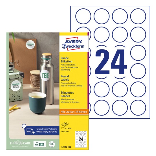 Förpackningsbild med etikettark: Avery Zweckform Runda Etiketter, Artikel: L3415-100, Format: ⌀ 40 mm, Tryckbarhet: Bläckstråle, Svartvit laser, Färglaser, Innehåll: 2.400 etiketter / 100 ark, 24 etiketter/ark.