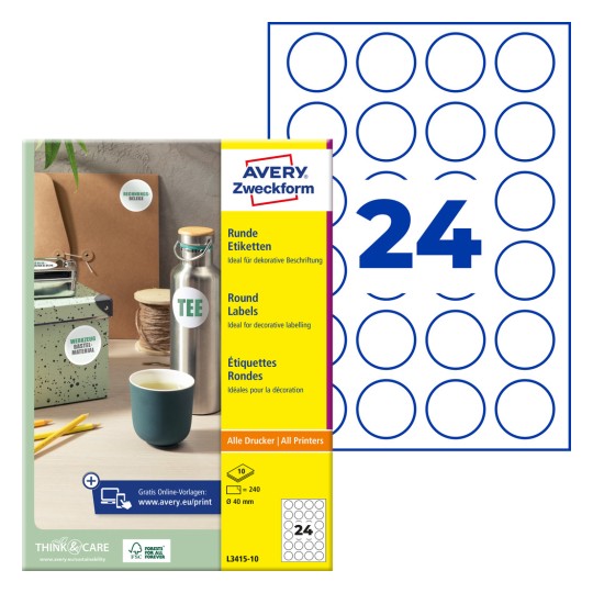 Förpackningsbild med etikettsark: Avery Zweckform Runda Etiketter, Artikel: L3415-10, Format: ⌀ 40 mm, Tryckbarhet: Bläckstråleskrivare, Svartvit laser, Färglaser, Innehåll: 240 etiketter / 10 ark, 24 etiketter/ark