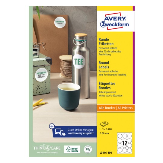 Förpackningsbild: Avery Zweckform Runda Etiketter, Artikel: L3416-100, Format: ⌀ 60 mm, Utskriftsmöjligheter: Bläckstråle, Laser svart/vit, Färglaser, Innehåll: 1 200 etiketter / 100 ark, 12 etiketter/ark.
