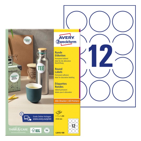 Förpackningsbild med etikettsark: Avery Zweckform Runda Etiketter, Artikel: L3416-100, Format: ⌀ 60 mm, Skrivarens lämplighet: Bläckstråle, Laser svart/vit, Färg-laser, Innehåll: 1.200 etiketter / 100 ark, 12 etiketter/ark.