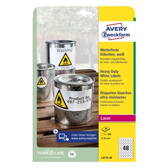 Förpackningsbild: Avery Zweckform Väderbeständiga Folieetiketter för laserskrivare, Artikel: L4716-20, Format: ⌀ 30 mm, Skrivarkompatibilitet: Laser s/v, färglaser, Innehåll: 960 etiketter / 20 ark, 48 etiketter/ark