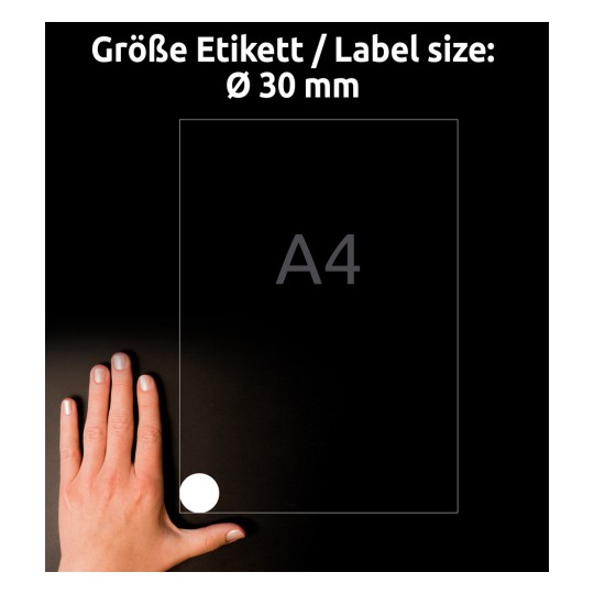 Storleksjämförelse med hand, Artikel: L4716REV-20, ett ark väderbeständiga etiketter, avtagbara, Format: ⌀ 30 mm, Färg: Vit?