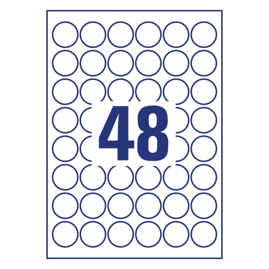 Stansritning Enkelark A4, Artikel: L4716REV-20, Väderbeständiga etiketter, avtagbara, Format: ⌀ 30 mm, 48 etiketter/ark.