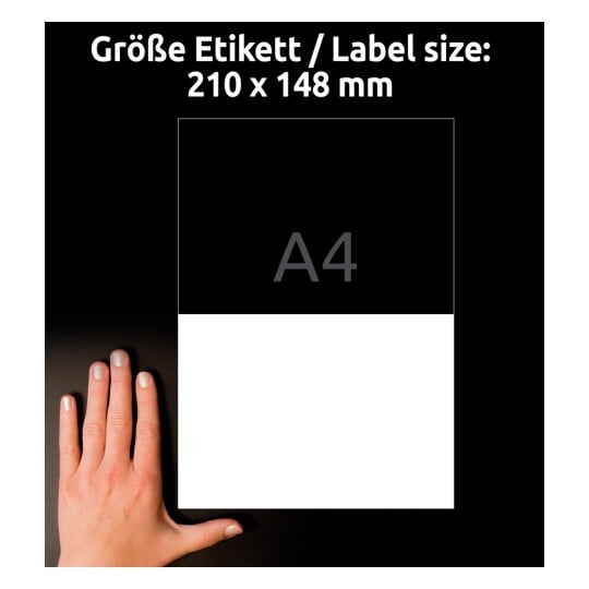 Storleksjämförelse med hand, artikel: L4717REV-20, ett ark väderbeständiga etiketter, avtagbara, format: 210 x 148 mm, färg: vit.