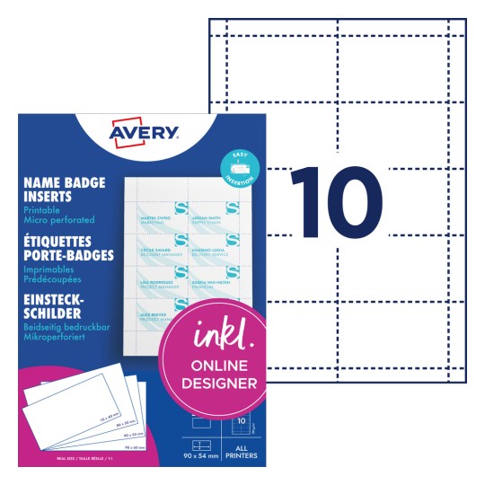 Förpackningsbild med etikettark: Avery Zweckform, Artikel: L4727-20, insticksskyltar, format: 54 x 90 mm, utskriftslämplighet: bläckstråleskrivare, färglaserskrivare, svartvit laser, kopieringsmaskin, innehåll: 200 insticksskyltar / 20 ark, 10 kort/ark.
