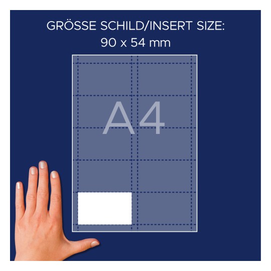 Storleksjämförelse med hand, artikel: L4727-20, ett ark insättningssköldar, format: 54 x 90 mm, färg: vit.