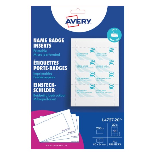 Förpackningsbild: Avery Zweckform, Artikel: L4727-20, Format: 54 x 90 mm, Tryckkompatibilitet: Bläckstråle, Färglaser, Svart/vit laser, Kopiator, Innehåll: 200 insättningsskyltar / 20 ark, /blad?