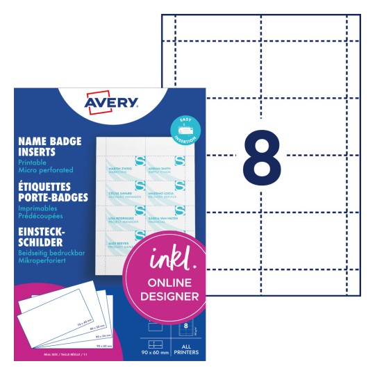 Förpackningsbild med etikettark: Avery Zweckform, Artikel: L4728-20, Instickskort, Format: 60 x 90 mm, Trycklämplighet: Bläckstråle, Färglaser, Svartvit laser, Kopiator, Innehåll: 160 instickskort / 20 ark, 8 kort/ark.
