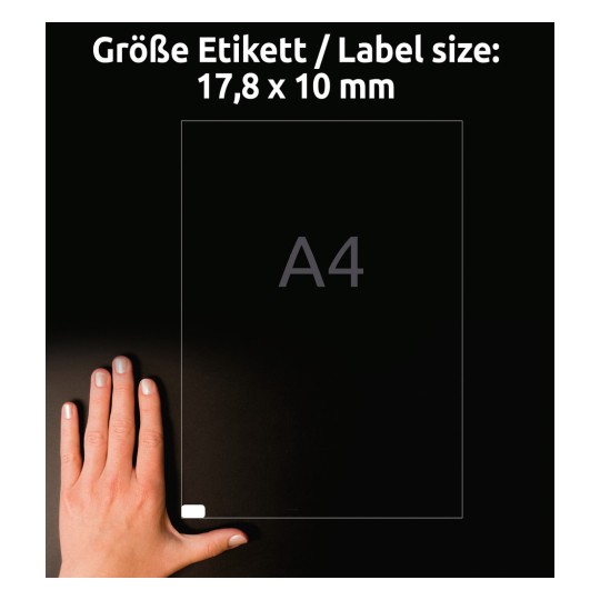 Storleksjämförelse med hand, artikel: L4730REV-10, ett ark med etiketter, avtagbara, hemmakontor, liten förpackning, format: 17,8 x 10 mm, färg: vit?