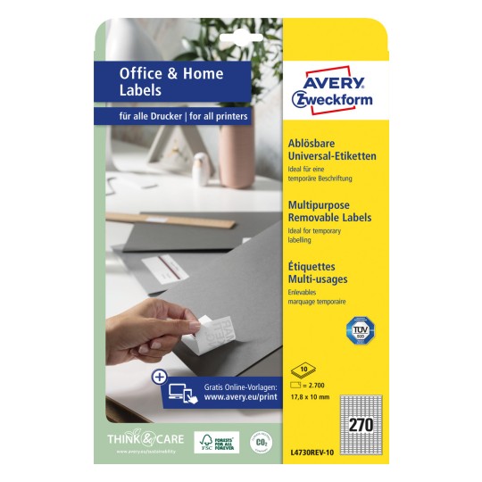 Förpackningsbild: Avery Zweckform Universal-etiketter, avtagbara, Artikel: L4730REV-10, Format: 17,8 x 10 mm, skrivarkompatibilitet: bläckstråle, laser svart/vit, färglaser, innehåll: 2 700 etiketter / 10 ark, 270 etiketter/ark.