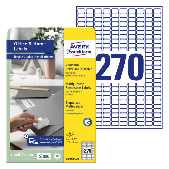 Förpackningsbild med etikettark: Avery Zweckform etiketter, avtagbara, hemmakontor, småförpackning, artikel: L4730REV-10, format: 17,8 x 10 mm, skrivarförmåga: bläckstråleskrivare, laser svart/vit, färglaser, innehåll: 2.700 etiketter / 10 ark, 270 etiketter/ark.