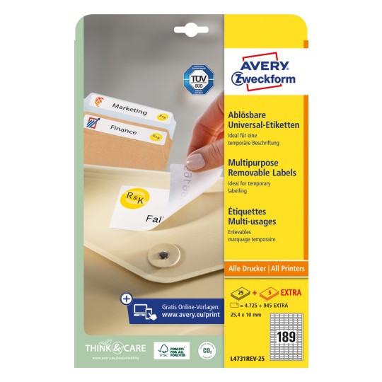 Förpackningsbild: Avery Zweckform Universal-etiketter, avtagbara, Artikel: L4731REV-25, Format: 25,4 x 10 mm, Utskriftskompatibilitet: Bläckstråle, Svartvit laser, Färglaser, Innehåll: 5 670 etiketter / 30 ark, 189 etiketter/ark.