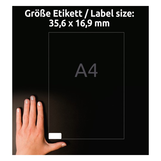 Storleksjämförelse med hand, Artikel: L4732REV-10, ett ark etiketter, avtagbar, hemmakontor, liten förpackning, format: 35,6 x 16,9 mm, färg: vit.