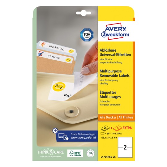Förpackningsbild: Avery Zweckform universaletiketter, avtagbara, artikel: L4734REV-25, format: 199,6 x 143,5 mm, tryckbarhet: Bläckstråle, svart/vit-laser, färglaser, innehåll: 60 etiketter / 30 ark, 2 etiketter/ark.