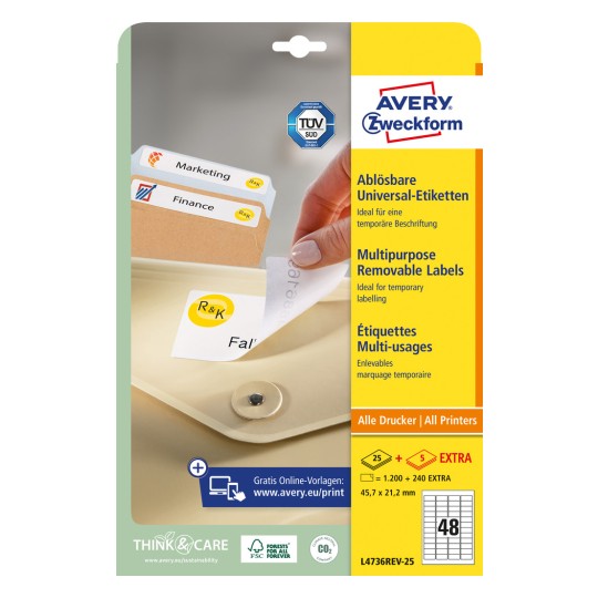 Förpackningsbild med: Avery Zweckform, Artikel: L4736REV-25, Universal-etiketter, avtagbara, Format: 45,7 x 21,2 mm, Innehåll: 1.440 etiketter / 30 ark, 48 etiketter/ark?