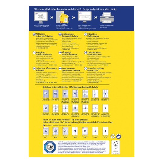 Bilden är en informationsgrafik om olika typer av mångsidiga avtagbara etiketter från Avery. Den innehåller information om design, utskriftsalternativ, produktspecifikationer på flera språk samt en översikt av specifika etikettprodukter och dimensioner.