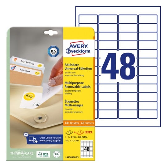 Förpackningsbild med etikettark: Avery Zweckform Universaletiketter, avtagbara, Artikel: L4736REV-25, Format: 45,7 x 21,2 mm, Skrivar kompatibel: Bläckstråle, Laserskrivare svart/vit, Färglaserskrivare, Innehåll: 1.440 etiketter / 30 ark, 48 etiketter/ark