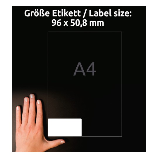 Storleksjämförelse med hand, artikel: L4744REV-10, ett ark etiketter, avtagbara, hemkontor, liten förpackning, format: 96 x 50,8 mm, färg: vit.