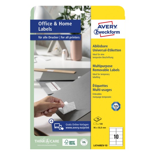 Förpackningsbild: Avery Zweckform Universaletiketter, avtagbara, Artikel: L4744REV-10, Format: 96 x 50,8 mm, Lämpliga för: bläckstråleskrivare, svart/vit laser, färglaser, Innehåll: 100 etiketter / 10 ark, 10 etiketter/ark.