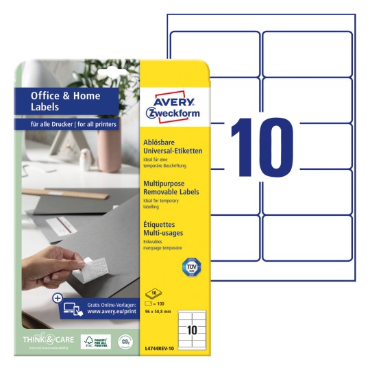 Förpackningsbild med etikettsark: Avery Zweckform etiketter, avtagbara, hemkontor, liten förpackning, artikel: L4744REV-10, format: 96 x 50,8 mm, skrivbarhet: bläckstråle, svartvitt laser, färglaser, innehåll: 100 etiketter / 10 ark, 10 etiketter/ark.